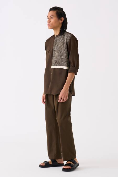 Shop Three Green Chanderi Embroidered Patch Button Down Shirt Online at Aza Fashions Shop_Three_Green Chanderi Embroidered Patch Button Down Shirt _Online_at_Aza_Fashions