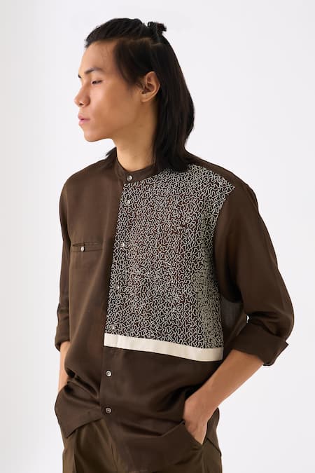 Three Green Chanderi Embroidered Patch Button Down Shirt at Aza Fashions Three_Green Chanderi Embroidered Patch Button Down Shirt _at_Aza_Fashions