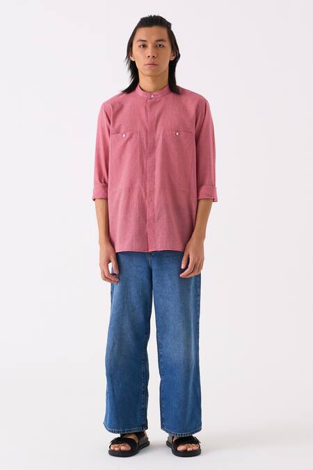 Three Pink Mul Checkered Button Down Shirt Online at Aza Fashions Three_Pink Mul Checkered Button Down Shirt_Online_at_Aza_Fashions