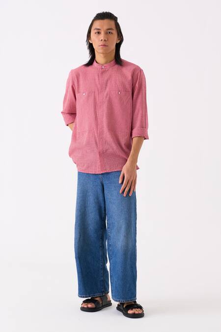 Buy Three Pink Mul Checkered Button Down Shirt Online at Aza Fashions Buy_Three_Pink Mul Checkered Button Down Shirt_Online_at_Aza_Fashions