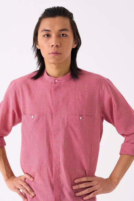 Three Pink Mul Checkered Button Down Shirt at Aza Fashions Three_Pink Mul Checkered Button Down Shirt_at_Aza_Fashions