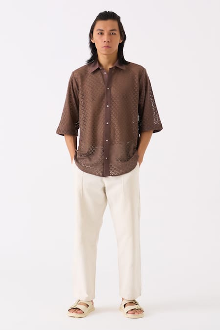 THREE Brown Embroidered Button Down Shirt 