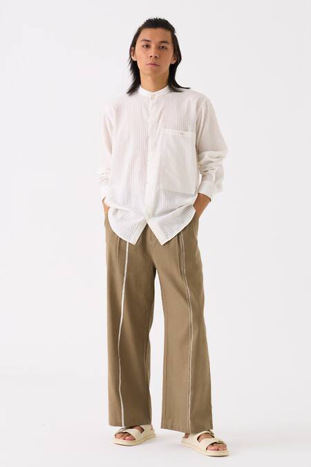 Three White Shirt Mul Checkered Button Down And Pant Set Online at Aza Fashions Three_White Shirt Mul Checkered Button Down And Pant Set _Online_at_Aza_Fashions