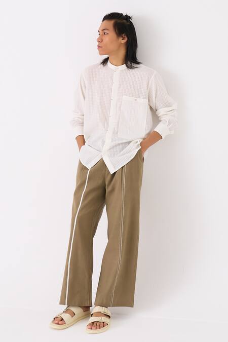 Three White Shirt Mul Checkered Button Down And Pant Set at Aza Fashions Three_White Shirt Mul Checkered Button Down And Pant Set _at_Aza_Fashions