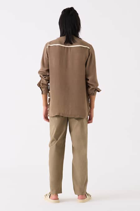 Shop Three Grey Shirt Crepe Smocked Detailed And Front Pleat Pant Set at Aza Fashions Shop_Three_Grey Shirt Crepe Smocked Detailed And Front Pleat Pant Set _at_Aza_Fashions