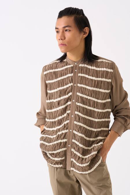 Three Grey Shirt Crepe Smocked Detailed And Front Pleat Pant Set at Aza Fashions Three_Grey Shirt Crepe Smocked Detailed And Front Pleat Pant Set _at_Aza_Fashions