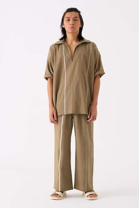 Three Grey Handloom Cotton Camp Collar Button Down Shirt And Pant Set Online at Aza Fashions Three_Grey Handloom Cotton Camp Collar Button Down Shirt And Pant Set _Online_at_Aza_Fashions