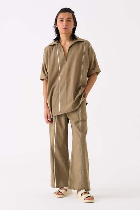 Shop Three Grey Handloom Cotton Camp Collar Button Down Shirt And Pant Set Online at Aza Fashions Shop_Three_Grey Handloom Cotton Camp Collar Button Down Shirt And Pant Set _Online_at_Aza_Fashions