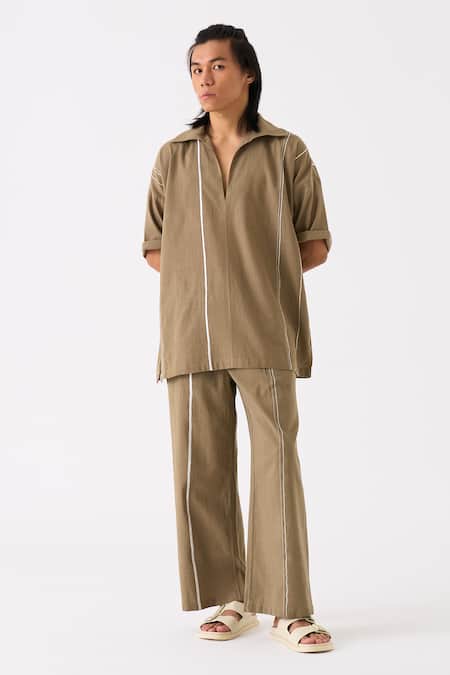 Three Grey Handloom Cotton Camp Collar Button Down Shirt And Pant Set at Aza Fashions Three_Grey Handloom Cotton Camp Collar Button Down Shirt And Pant Set _at_Aza_Fashions