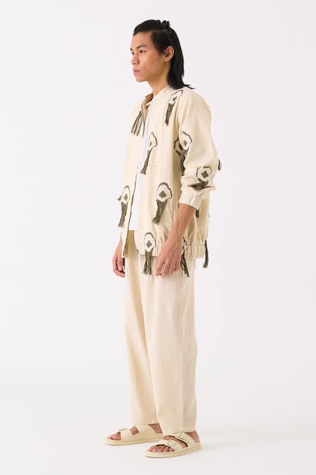 Three_Ivory Handloom Cotton Embroidered Thread Bomber Jacket Pant Set _Online_at_Aza_Fashions