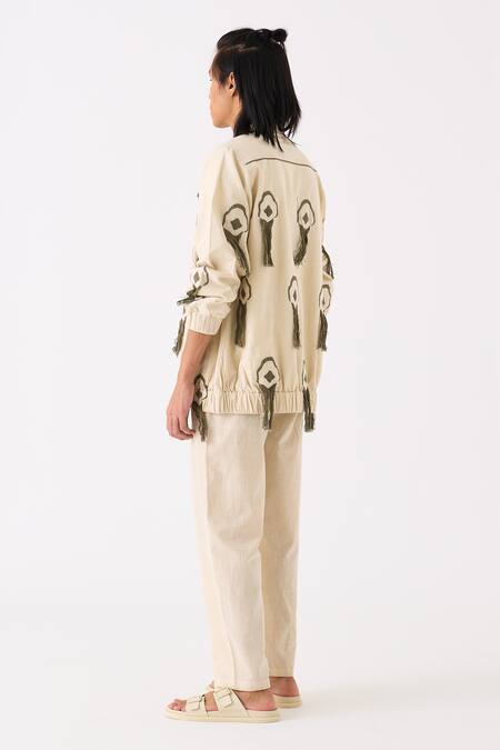 Buy_Three_Ivory Handloom Cotton Embroidered Thread Bomber Jacket Pant Set _Online_at_Aza_Fashions