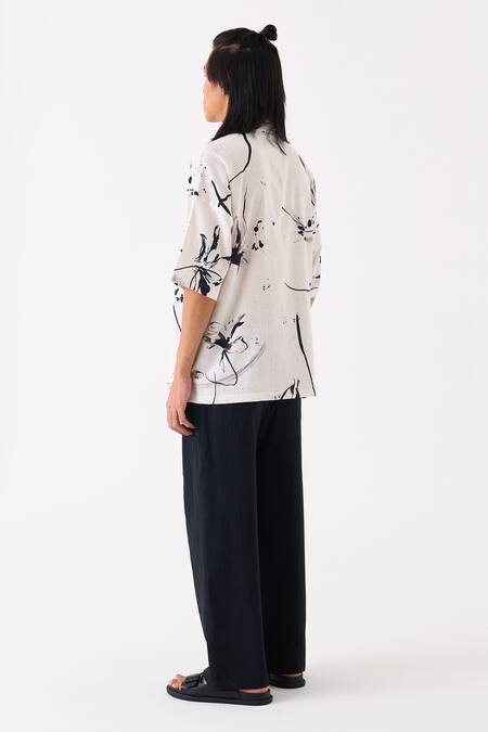 Three White Handloom Cotton Floral Pattern Shirt And Pant Set at Aza Fashions Three_White Handloom Cotton Floral Pattern Shirt And Pant Set _at_Aza_Fashions