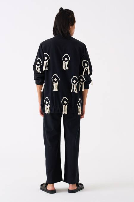 Shop Three Black Handloom Cotton Embroidered Thread Fringe Jacket Pant Set at Aza Fashions Shop_Three_Black Handloom Cotton Embroidered Thread Fringe Jacket Pant Set _at_Aza_Fashions