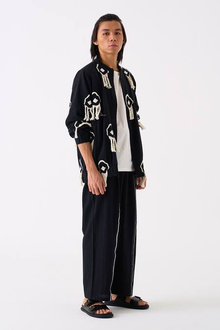 Three Black Handloom Cotton Embroidered Thread Fringe Jacket Pant Set Online at Aza Fashions Three_Black Handloom Cotton Embroidered Thread Fringe Jacket Pant Set _Online_at_Aza_Fashions