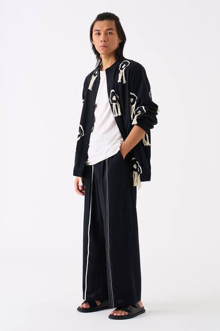 Shop Three Black Handloom Cotton Embroidered Thread Fringe Jacket Pant Set Online at Aza Fashions Shop_Three_Black Handloom Cotton Embroidered Thread Fringe Jacket Pant Set _Online_at_Aza_Fashions