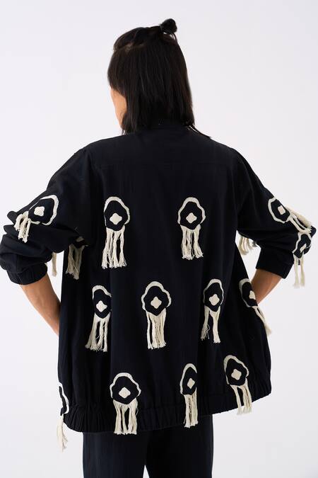 Three Black Handloom Cotton Embroidered Thread Fringe Jacket Pant Set at Aza Fashions Three_Black Handloom Cotton Embroidered Thread Fringe Jacket Pant Set _at_Aza_Fashions