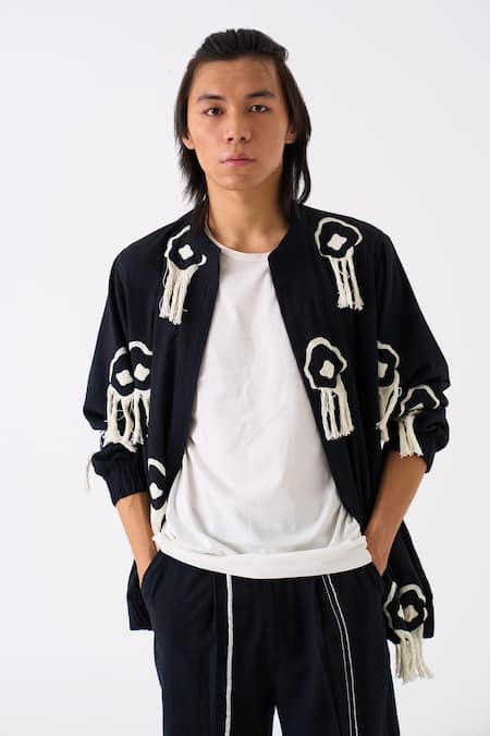 Buy Three Black Handloom Cotton Embroidered Thread Fringe Jacket Pant Set Buy_Three_Black Handloom Cotton Embroidered Thread Fringe Jacket Pant Set