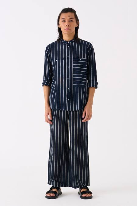 Three_Black Mul Striped Shirt And Pant Set_Online_at_Aza_Fashions