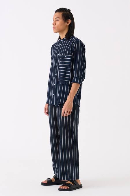 Shop_Three_Black Mul Striped Shirt And Pant Set_Online_at_Aza_Fashions