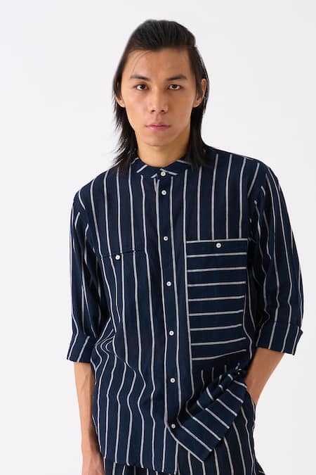 Three_Black Mul Striped Shirt And Pant Set_at_Aza_Fashions