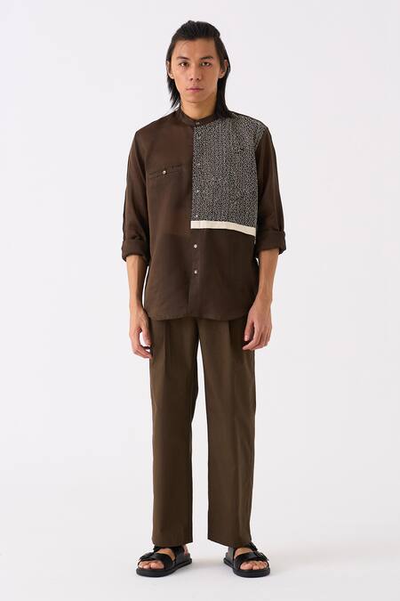 Shop Three Black Shirt Chanderi Embroidered Thread Panel And Pant Set at Aza Fashions Shop_Three_Black Shirt Chanderi Embroidered Thread Panel And Pant Set _at_Aza_Fashions