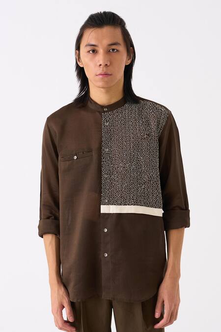 Three Black Shirt Chanderi Embroidered Thread Panel And Pant Set at Aza Fashions Three_Black Shirt Chanderi Embroidered Thread Panel And Pant Set _at_Aza_Fashions