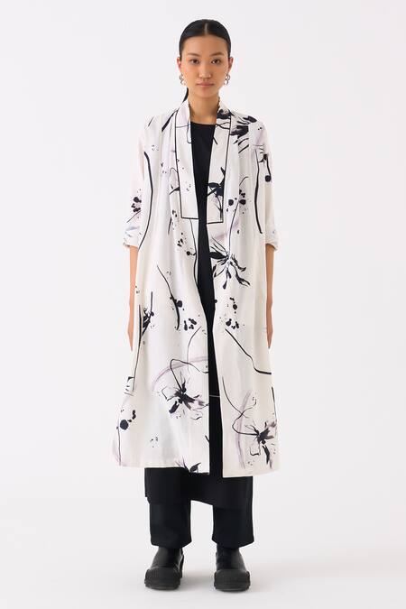 Buy Three Black Handloom Cotton Printed Floral Shawl Collar Long Overlay Online at Aza Fashions Buy_Three_Black Handloom Cotton Printed Floral Shawl Collar Long Overlay _Online_at_Aza_Fashions