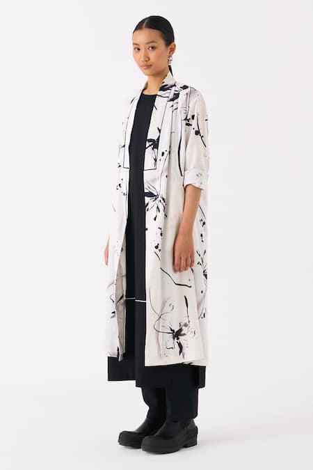 Shop Three Black Handloom Cotton Printed Floral Shawl Collar Long Overlay Online at Aza Fashions Shop_Three_Black Handloom Cotton Printed Floral Shawl Collar Long Overlay _Online_at_Aza_Fashions
