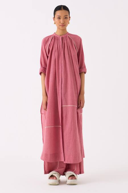 Three_Pink Muslin Mandarin Collar Mul Checkered Long Tunic_Online_at_Aza_Fashions
