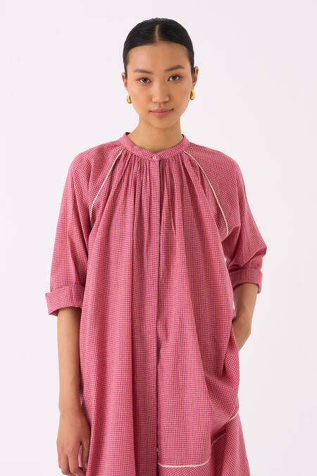 Buy_Three_Pink Muslin Mandarin Collar Mul Checkered Long Tunic_Online_at_Aza_Fashions