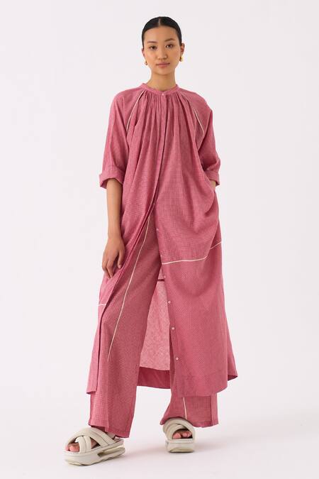 Three_Pink Muslin Mandarin Collar Mul Checkered Long Tunic_at_Aza_Fashions