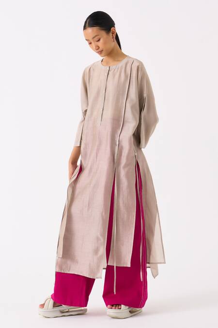 Shop Three Grey Chanderi Round Long Slit Tunic at Aza Fashions Shop_Three_Grey Chanderi Round Long Slit Tunic _at_Aza_Fashions