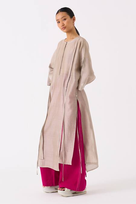Buy Three Grey Chanderi Round Long Slit Tunic Online at Aza Fashions Buy_Three_Grey Chanderi Round Long Slit Tunic _Online_at_Aza_Fashions