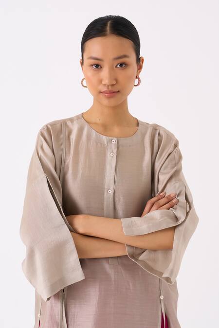 Three Grey Chanderi Round Long Slit Tunic at Aza Fashions Three_Grey Chanderi Round Long Slit Tunic _at_Aza_Fashions