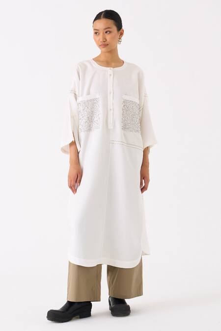 Buy Three Ivory Tencel Round Long Patch Pocket Tunic Online at Aza Fashions Buy_Three_Ivory Tencel Round Long Patch Pocket Tunic _Online_at_Aza_Fashions