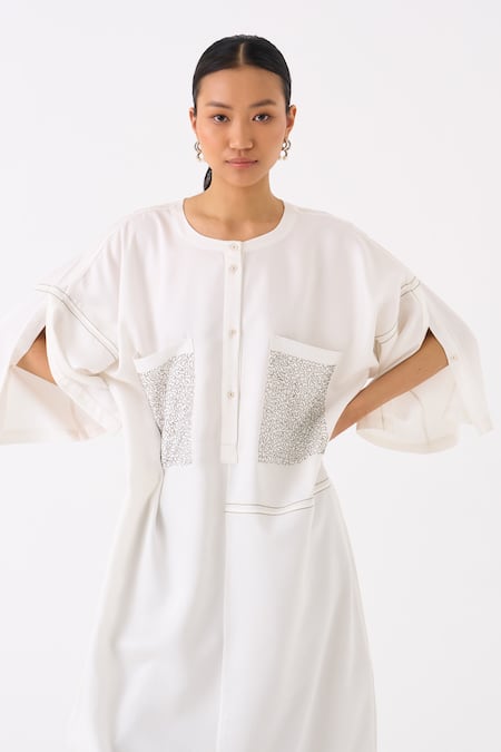 Shop Three Ivory Tencel Round Long Patch Pocket Tunic Online at Aza Fashions Shop_Three_Ivory Tencel Round Long Patch Pocket Tunic _Online_at_Aza_Fashions