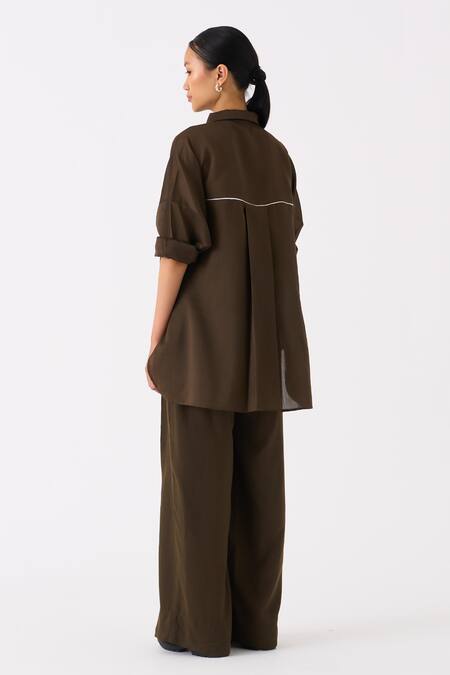 Shop_Three_Green Chanderi Collared Patch Pocket Shirt _at_Aza_Fashions