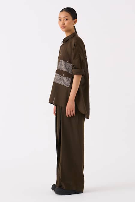 Three_Green Chanderi Collared Patch Pocket Shirt _Online_at_Aza_Fashions