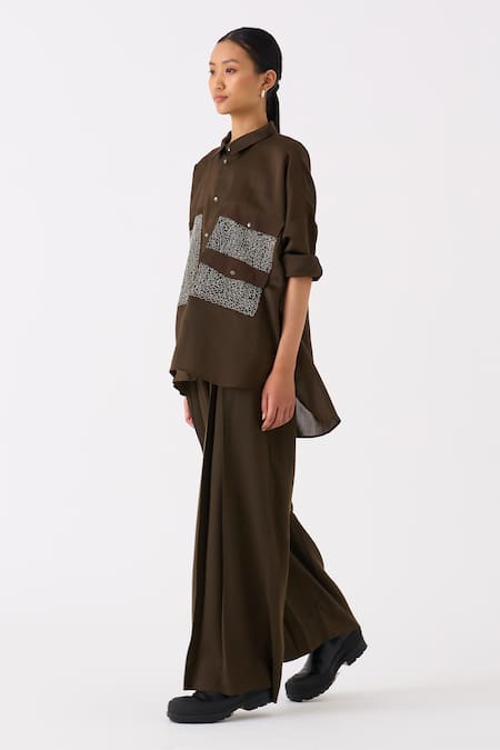 Buy_Three_Green Chanderi Collared Patch Pocket Shirt _Online_at_Aza_Fashions