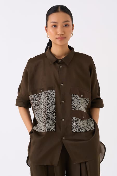Shop_Three_Green Chanderi Collared Patch Pocket Shirt _Online_at_Aza_Fashions