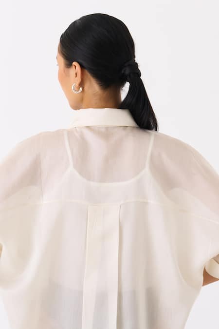 Shop Three Ivory Chanderi Embroidered Floral Applique Collared Motif Shirt at Aza Fashions Shop_Three_Ivory Chanderi Embroidered Floral Applique Collared Motif Shirt _at_Aza_Fashions