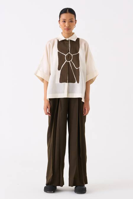 Three Ivory Chanderi Embroidered Floral Applique Collared Motif Shirt Online at Aza Fashions Three_Ivory Chanderi Embroidered Floral Applique Collared Motif Shirt _Online_at_Aza_Fashions