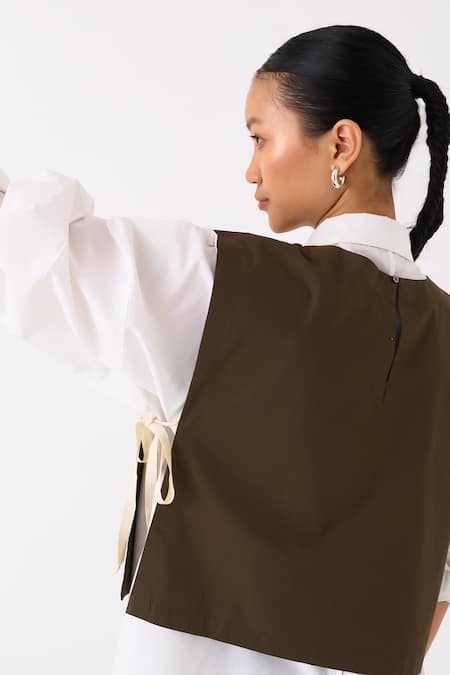 Three Green Poplin Collared Floral Motif Overlay With Panelled Shirt Online at Aza Fashions Three_Green Poplin Collared Floral Motif Overlay With Panelled Shirt _Online_at_Aza_Fashions