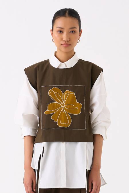 Buy Three Green Poplin Collared Floral Motif Overlay With Panelled Shirt Online at Aza Fashions Buy_Three_Green Poplin Collared Floral Motif Overlay With Panelled Shirt _Online_at_Aza_Fashions