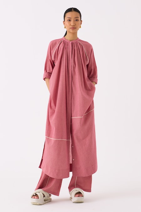 Three_Pink Handloom Cotton Mandarin Collar Checkered Tunic And Pant Set _Online_at_Aza_Fashions