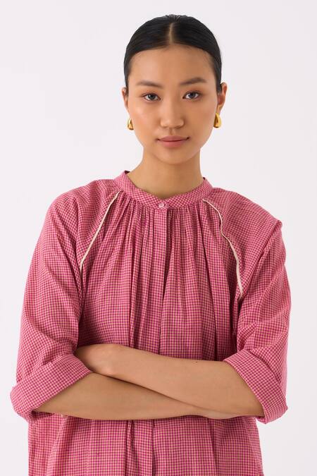Buy_Three_Pink Handloom Cotton Mandarin Collar Checkered Tunic And Pant Set _Online_at_Aza_Fashions