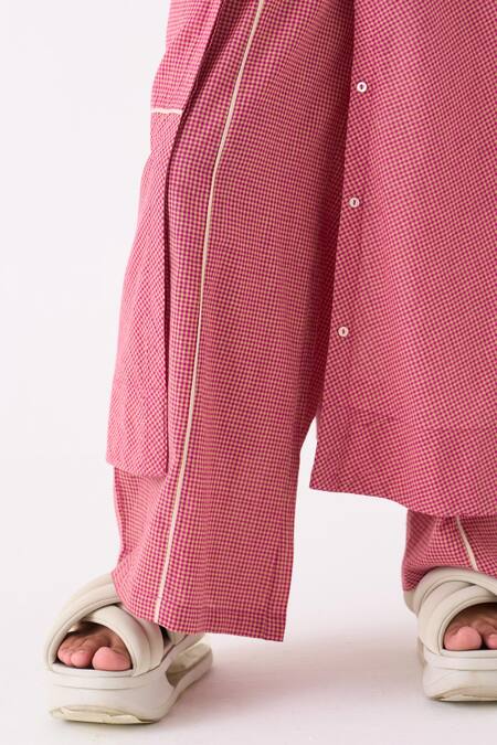 Shop_Three_Pink Handloom Cotton Mandarin Collar Checkered Tunic And Pant Set _Online_at_Aza_Fashions