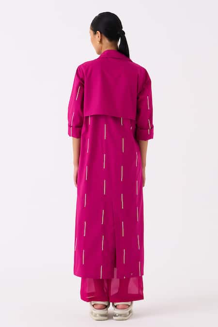 Three_Fuchsia Jacket Poplin Embroidered Thread Lapel Collar And Pant Set _Online_at_Aza_Fashions