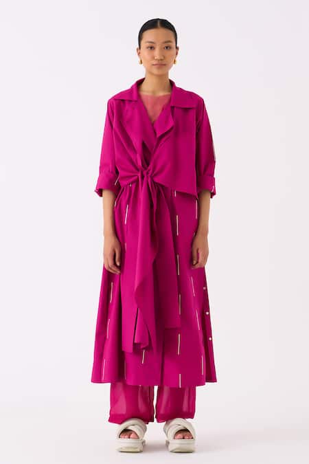 Buy_Three_Fuchsia Jacket Poplin Embroidered Thread Lapel Collar And Pant Set _Online_at_Aza_Fashions