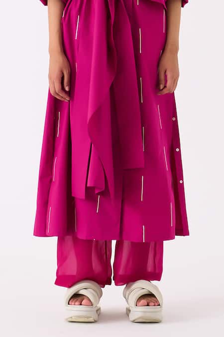 Shop_Three_Fuchsia Jacket Poplin Embroidered Thread Lapel Collar And Pant Set _Online_at_Aza_Fashions